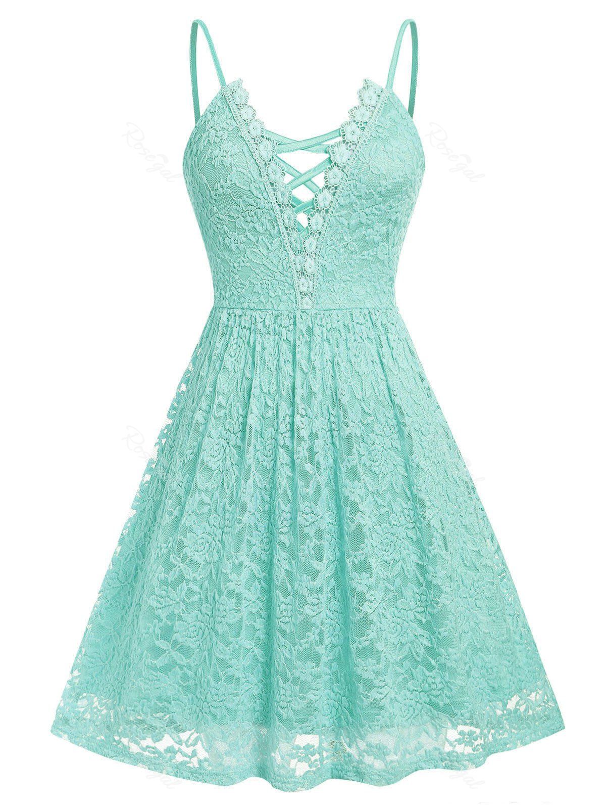 

Criss Cross Lace Plus Size Cami Mini Dress, Aquamarine