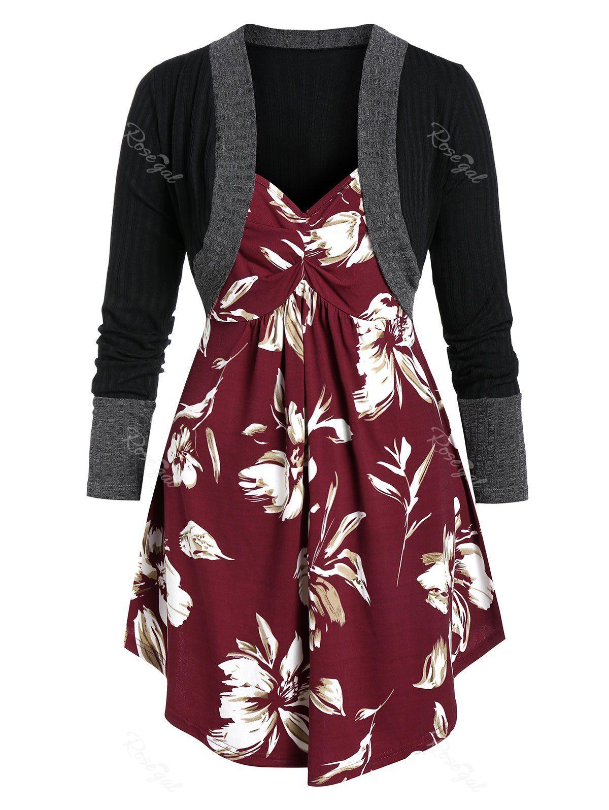 

Plus Size Contrast T Shirt with Cami Floral Print Tank Top, Black