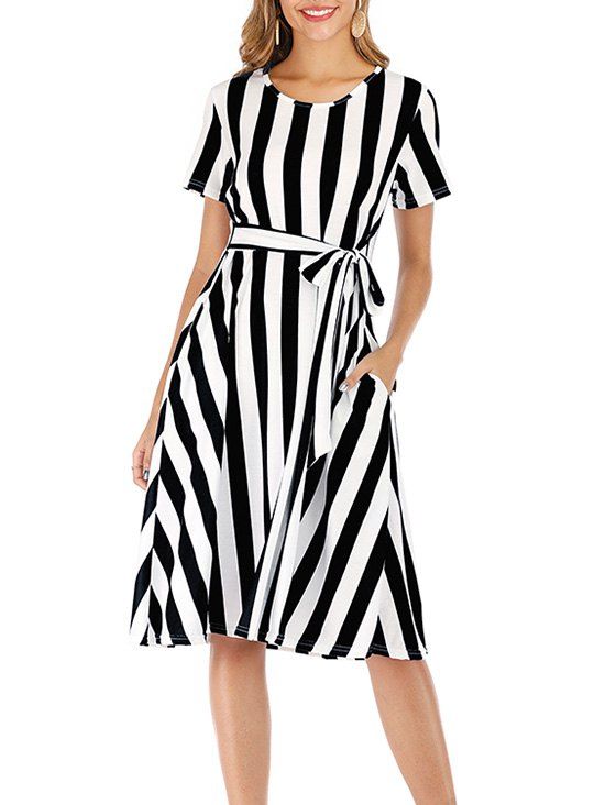 

Striped Short Sleeve Pocket Dress, Black