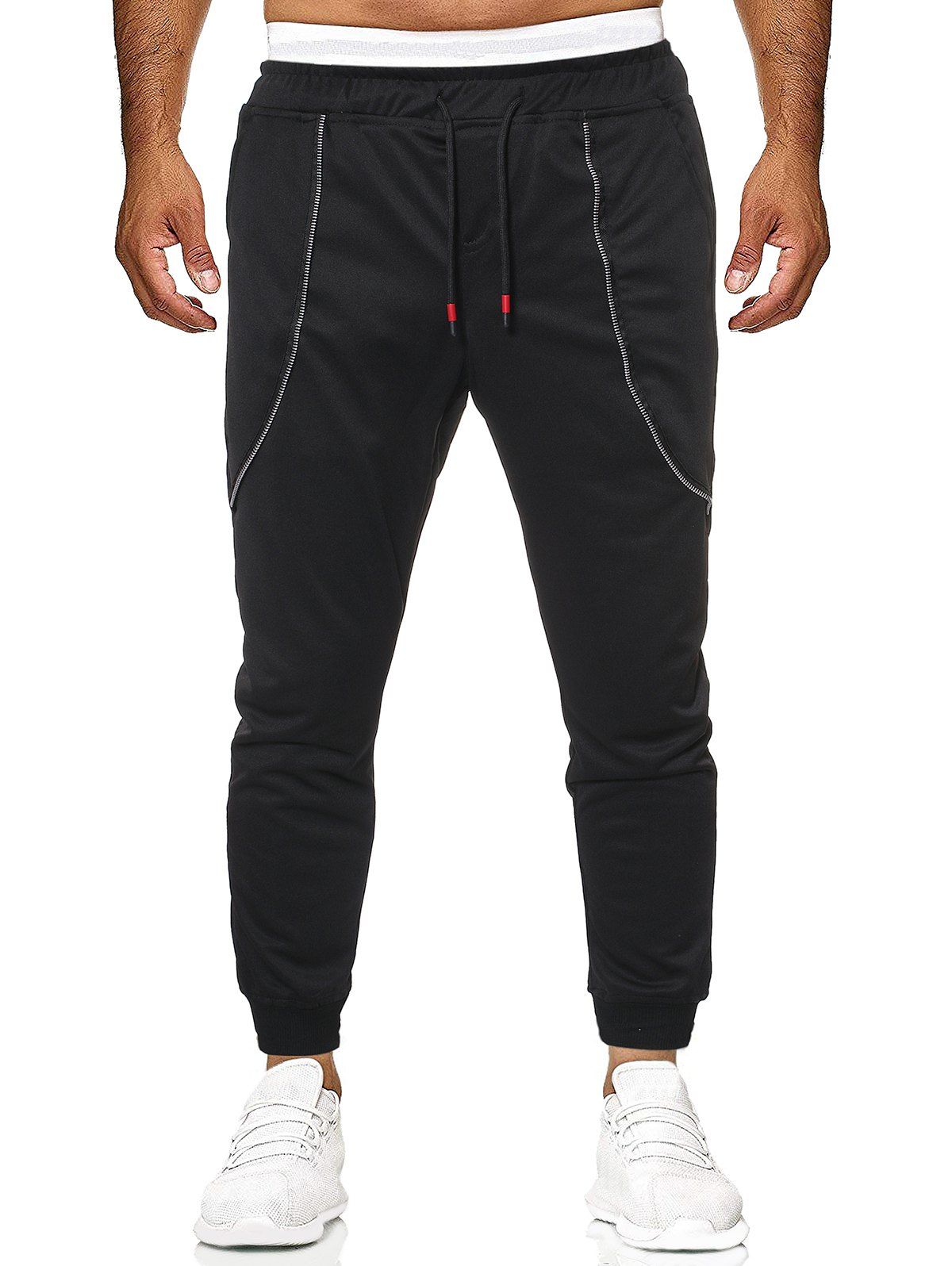 

Solid Color Zipper Casual Jogger Pants, Black