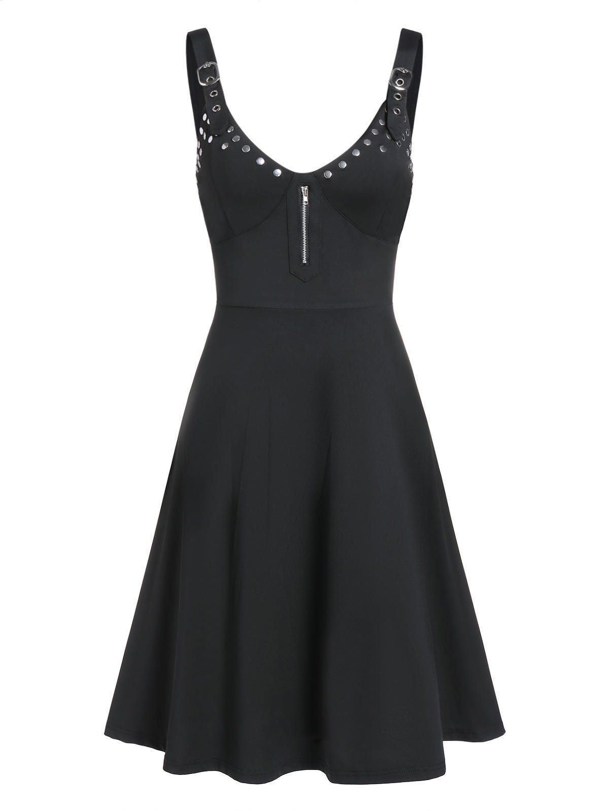 

Zipper Rivet Embellished Buckle Strap Flare Dress, Black