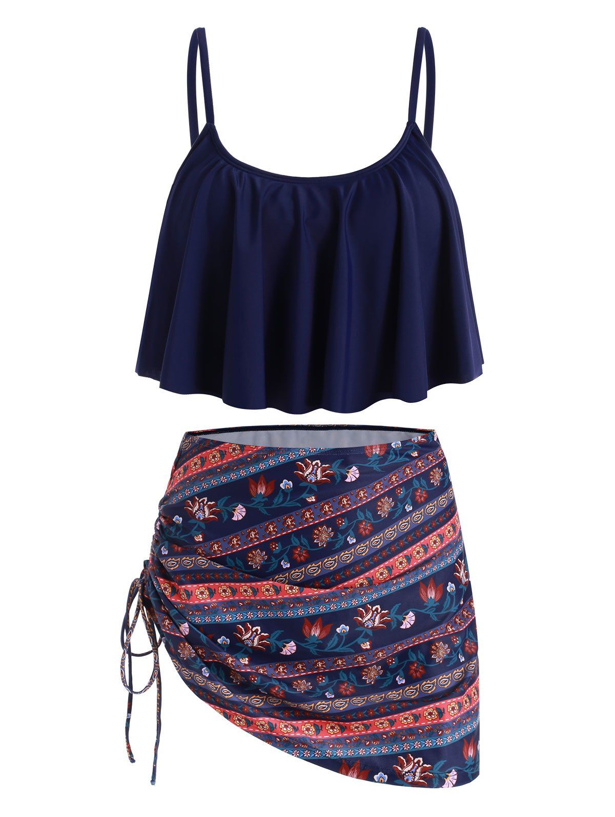 

Bohemian Printed Flounce Three Piece Swimsuit, Denim dark blue