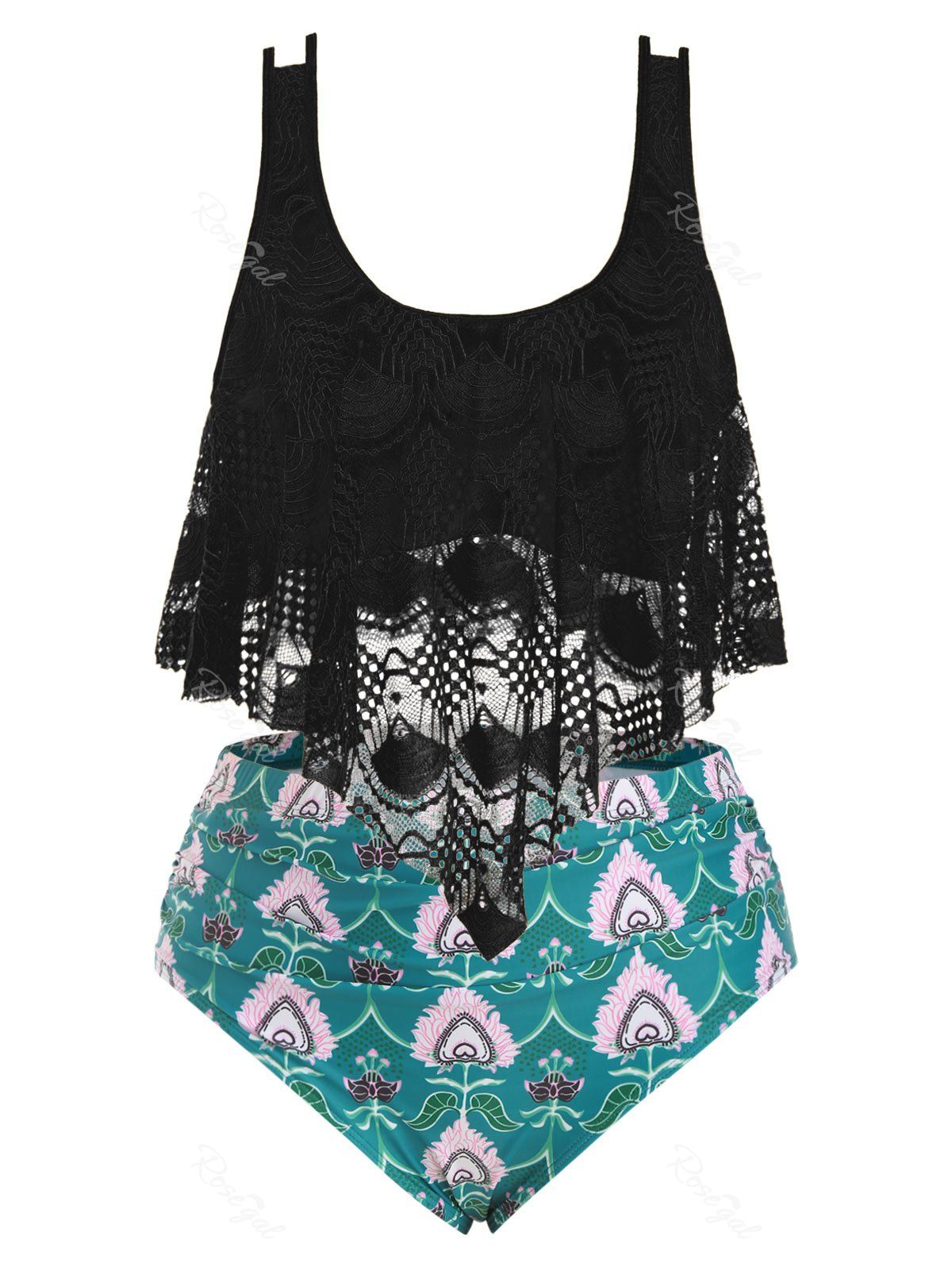 

Plus Size Printed Lace Overlay Tankini Swimwear, Black