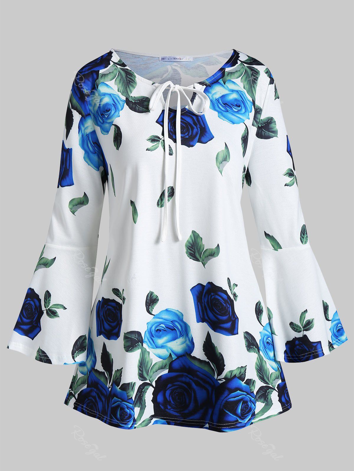 

Plus Size Flare Sleeve Front Tie Floral T-shirt, White