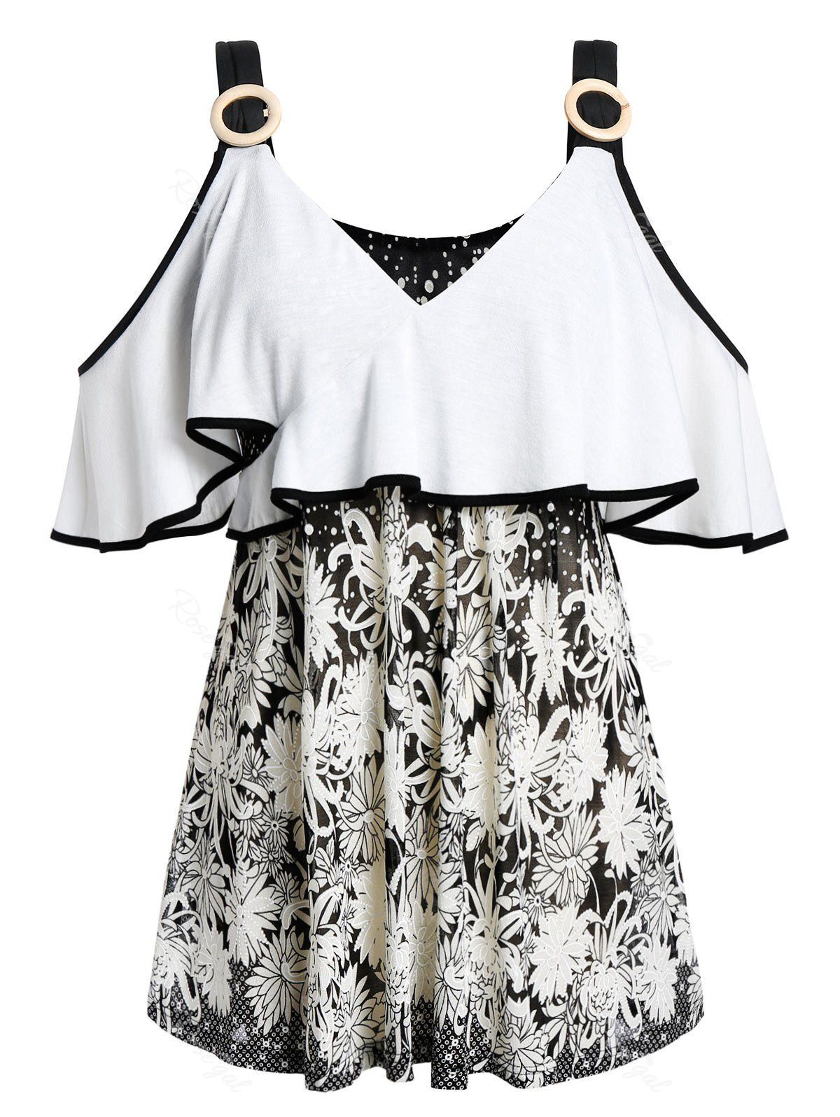 

Plus Size Cold Shoulder Ruffled Floral T-shirt, Multi