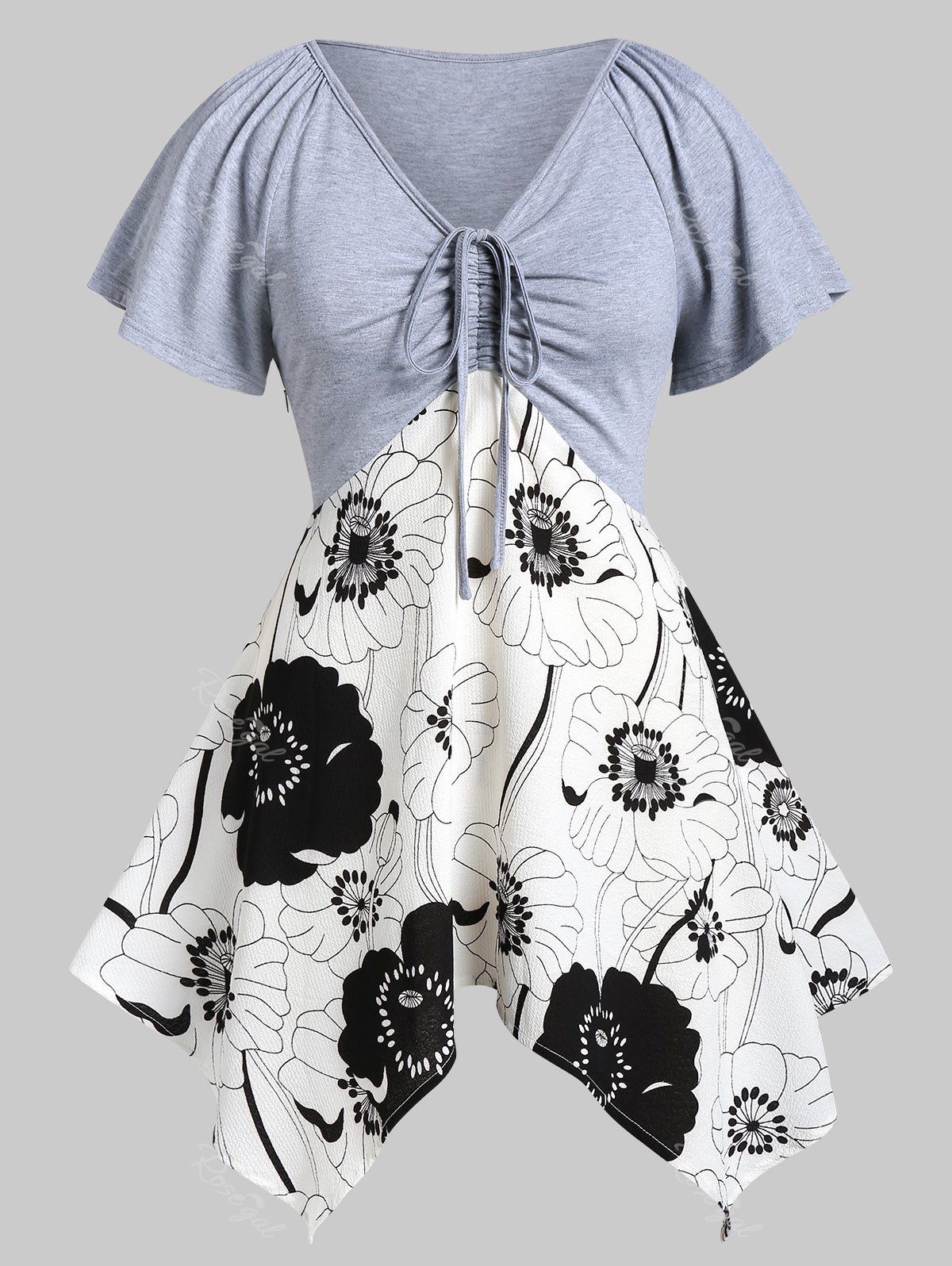 

Plus Size Floral Print V Neck Asymmetric T Shirt, Gray cloud