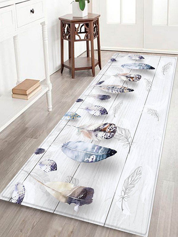 

Wooden Board Feather Pattern Flannel Water Absorption Area Rug, Platinum