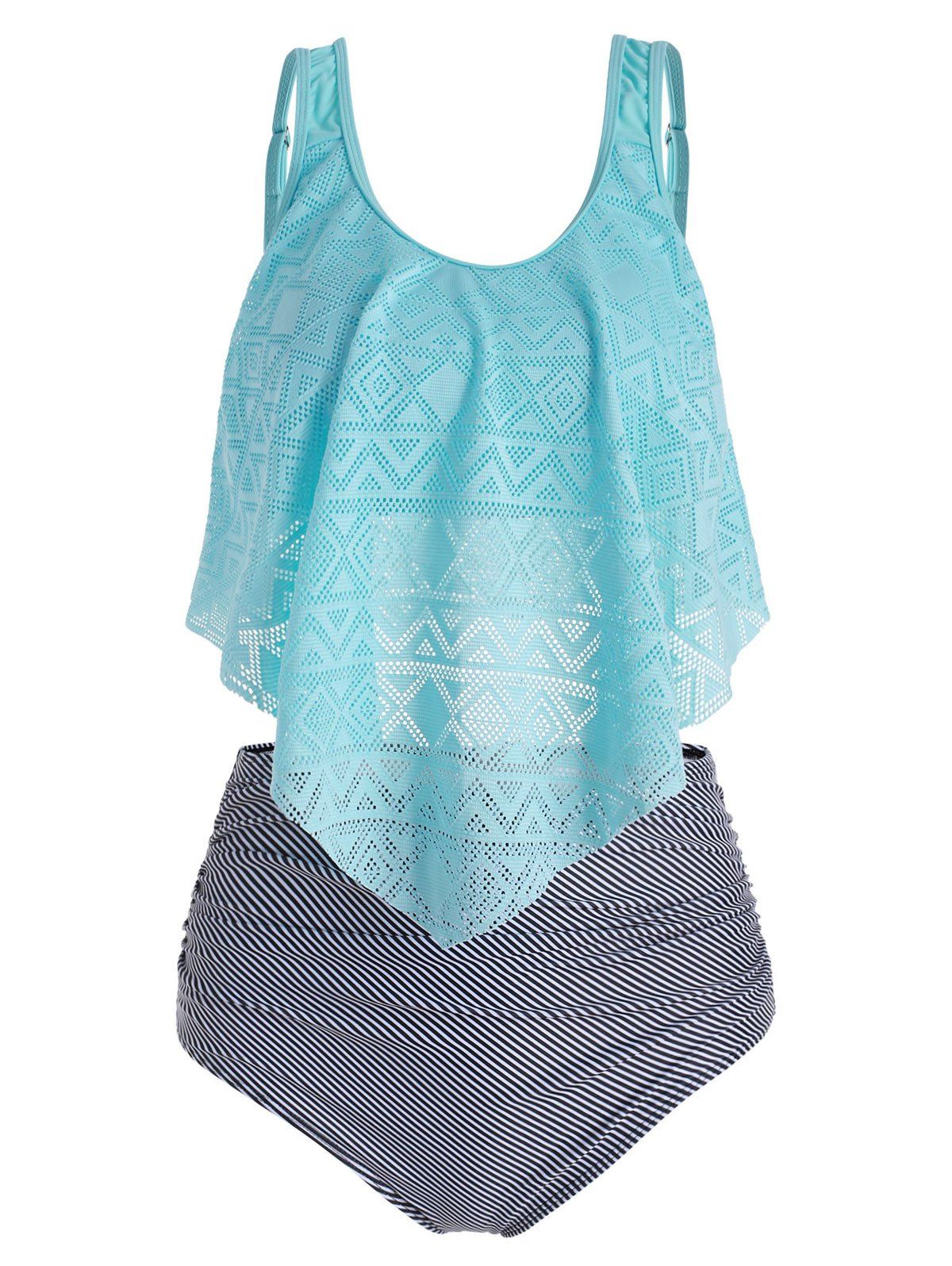 

Perforated Flounce Floral Striped Ruched Tankini Swimsuit, Light aquamarine