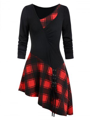 plaid trim cowl neck tunic sweatshirt dress