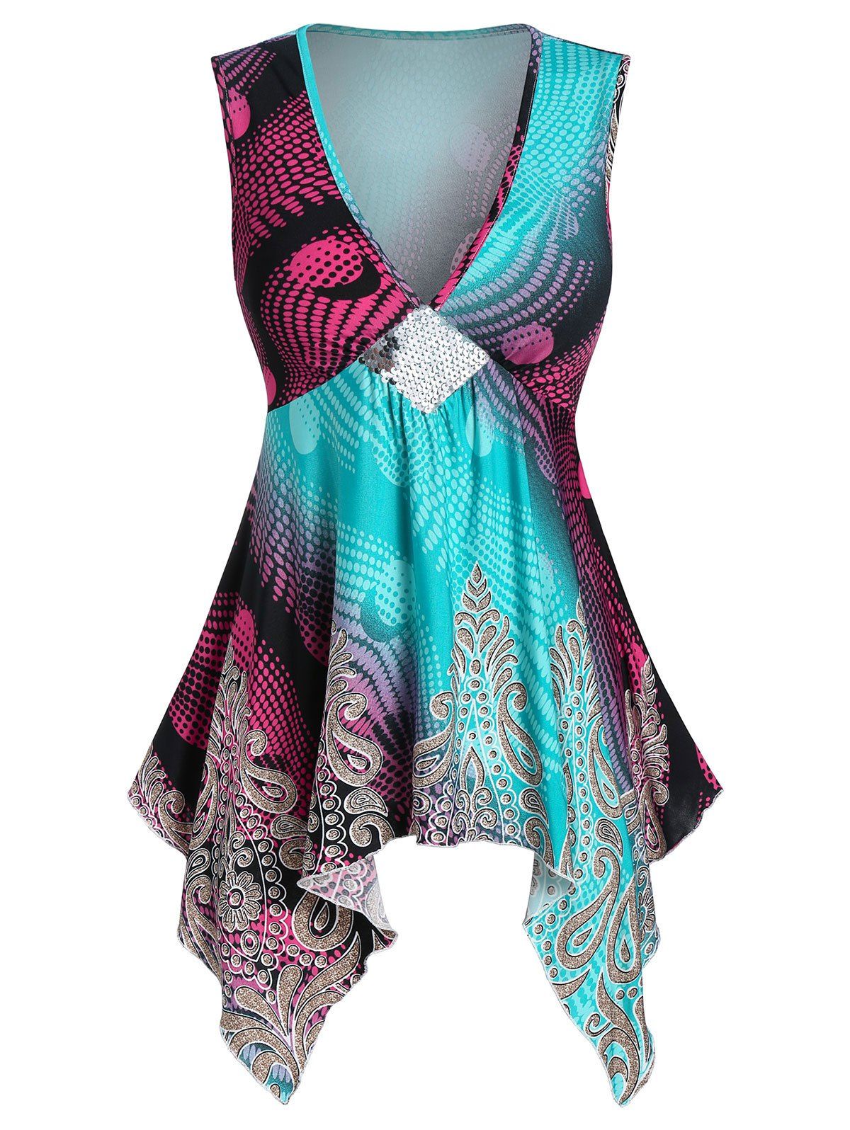 

Plunge Sequined Asymmetrical Tank Top, Multi-d