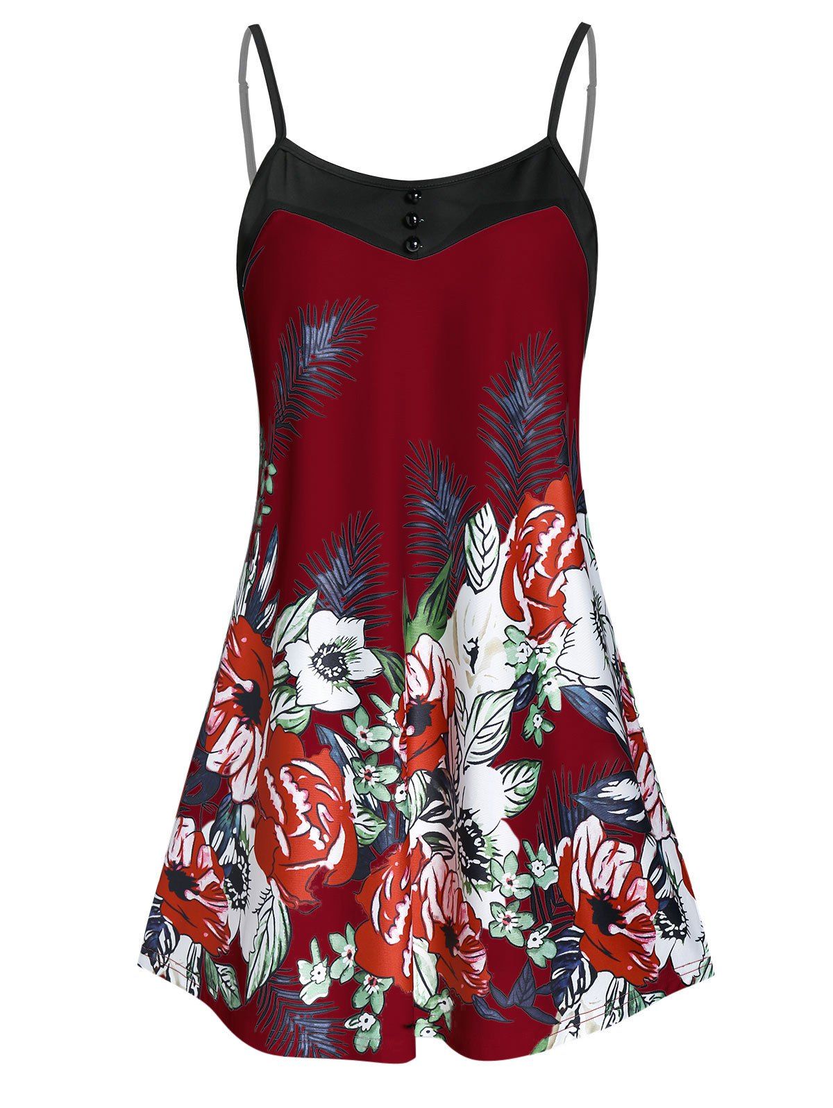 

Spaghetti Strap Button Ditsy Print Tank Top, Red wine