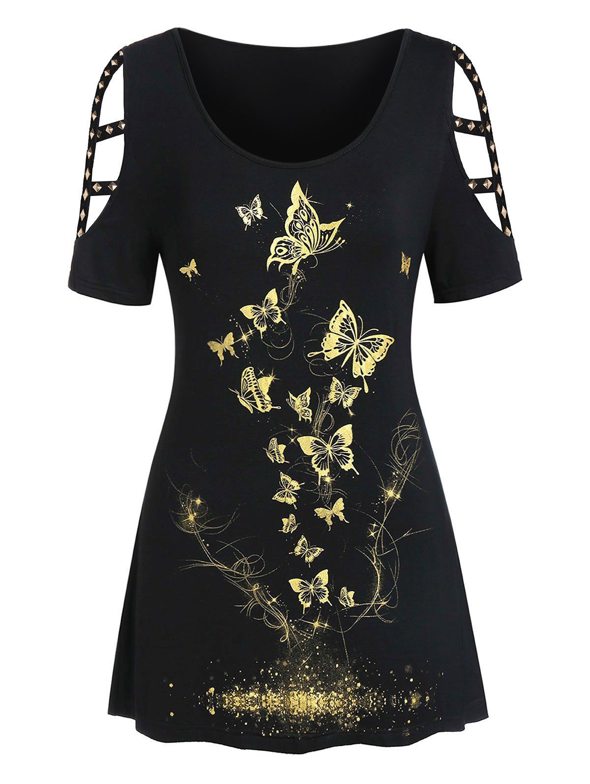 

Plus Size Metallic Butterfly Print Cut Out Rivet Tee, Black