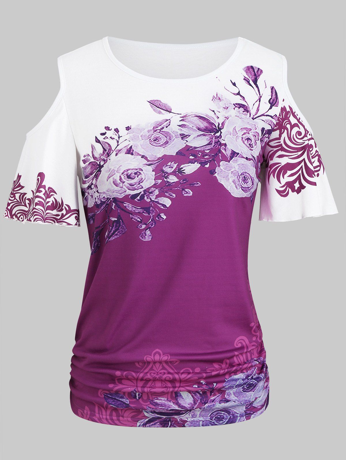 

Round Neck Floral Print Cold Shoulder Tee, Purple
