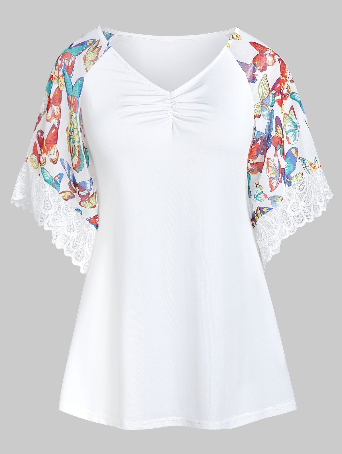 Butterfly Print Lace Panel V Neck T Shirt, Milk white