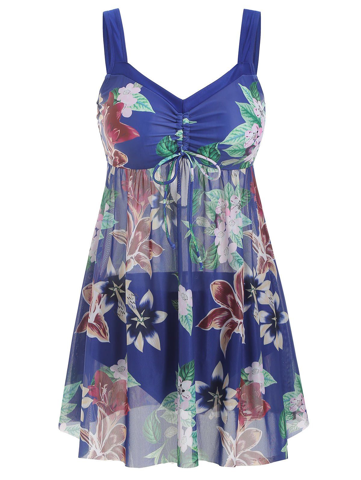 

Floral Cinched Keyhole Back Tankini Swimwear, Deep blue