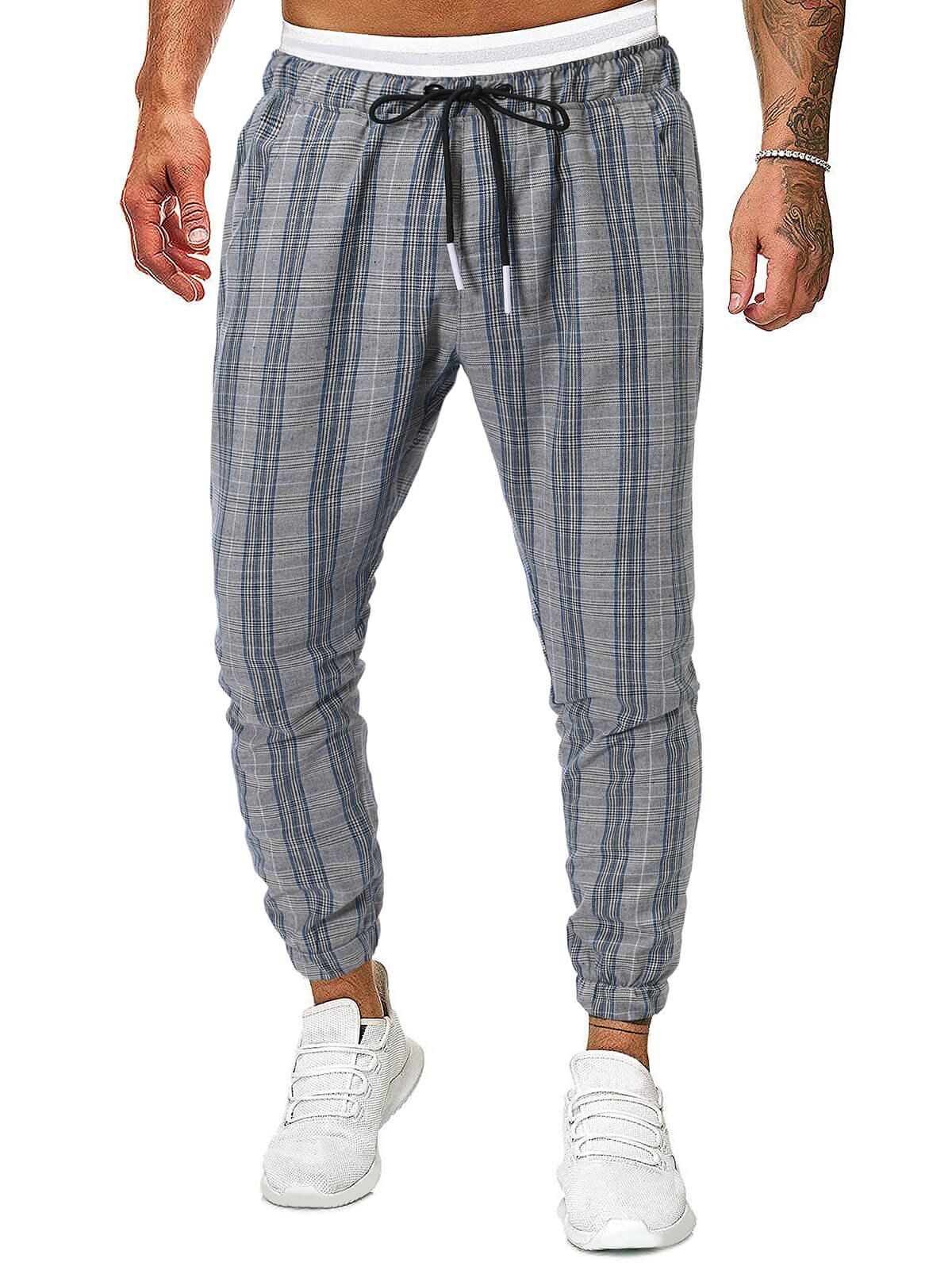 

Houndstooth Plaid Pattern Side Pocket Jogger Pants, Blue gray