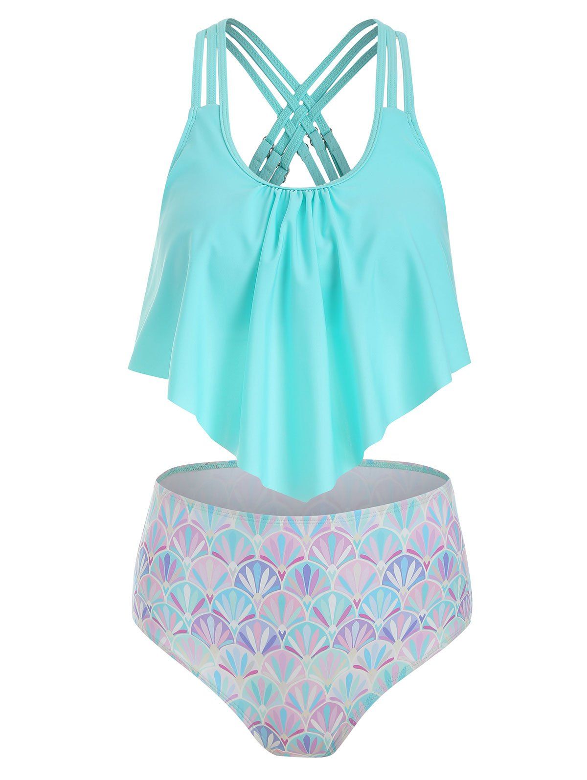 

Strappy Flounce Mermaid High Waisted Tankini Swimwear, Light aquamarine