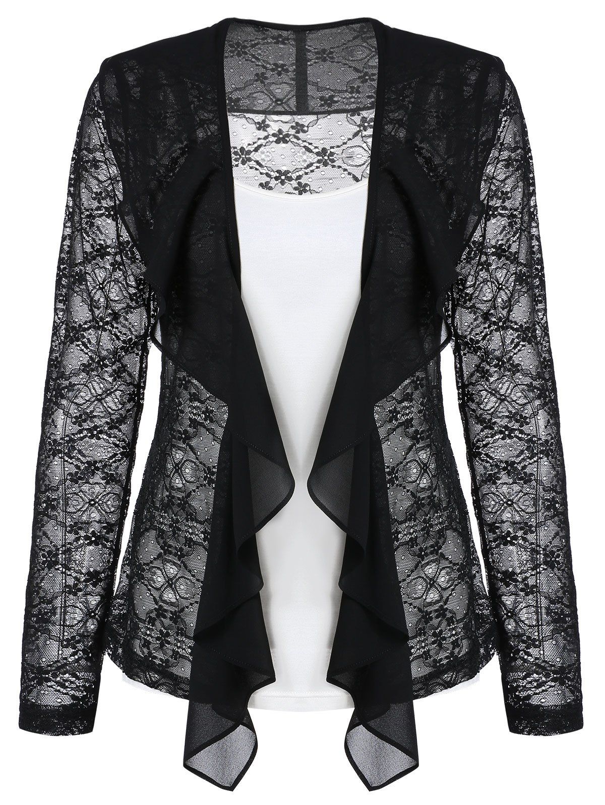 

Lace Sheer Draped Cardigan and Cami Top Set, Black