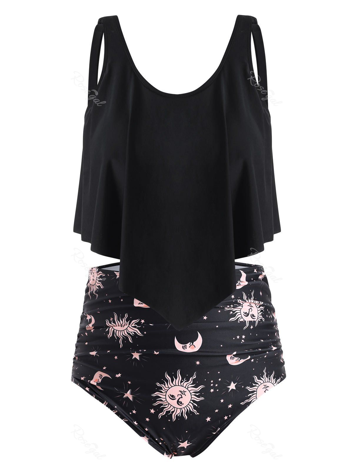 

Plus Size Sun Moons Print Ruffled Tankini Set, Jet black