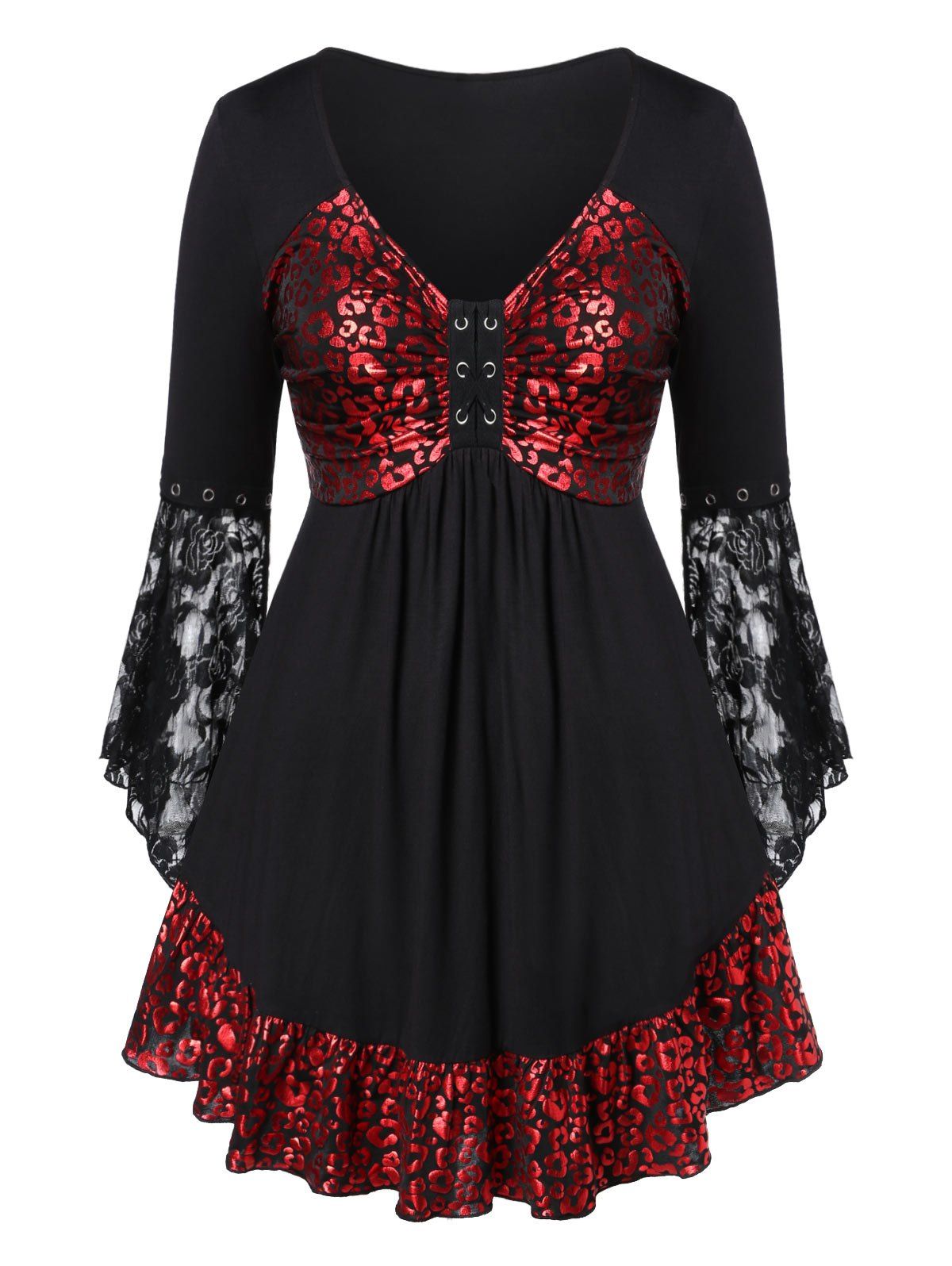 

Plus Size Lace Insert Plunging Neck T Shirt, Black