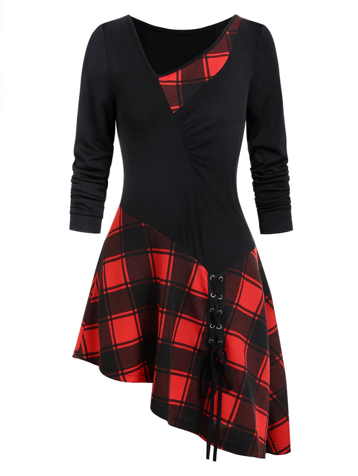 

Asymmetry Plaid Ruched Lace Up T-shirt, Red