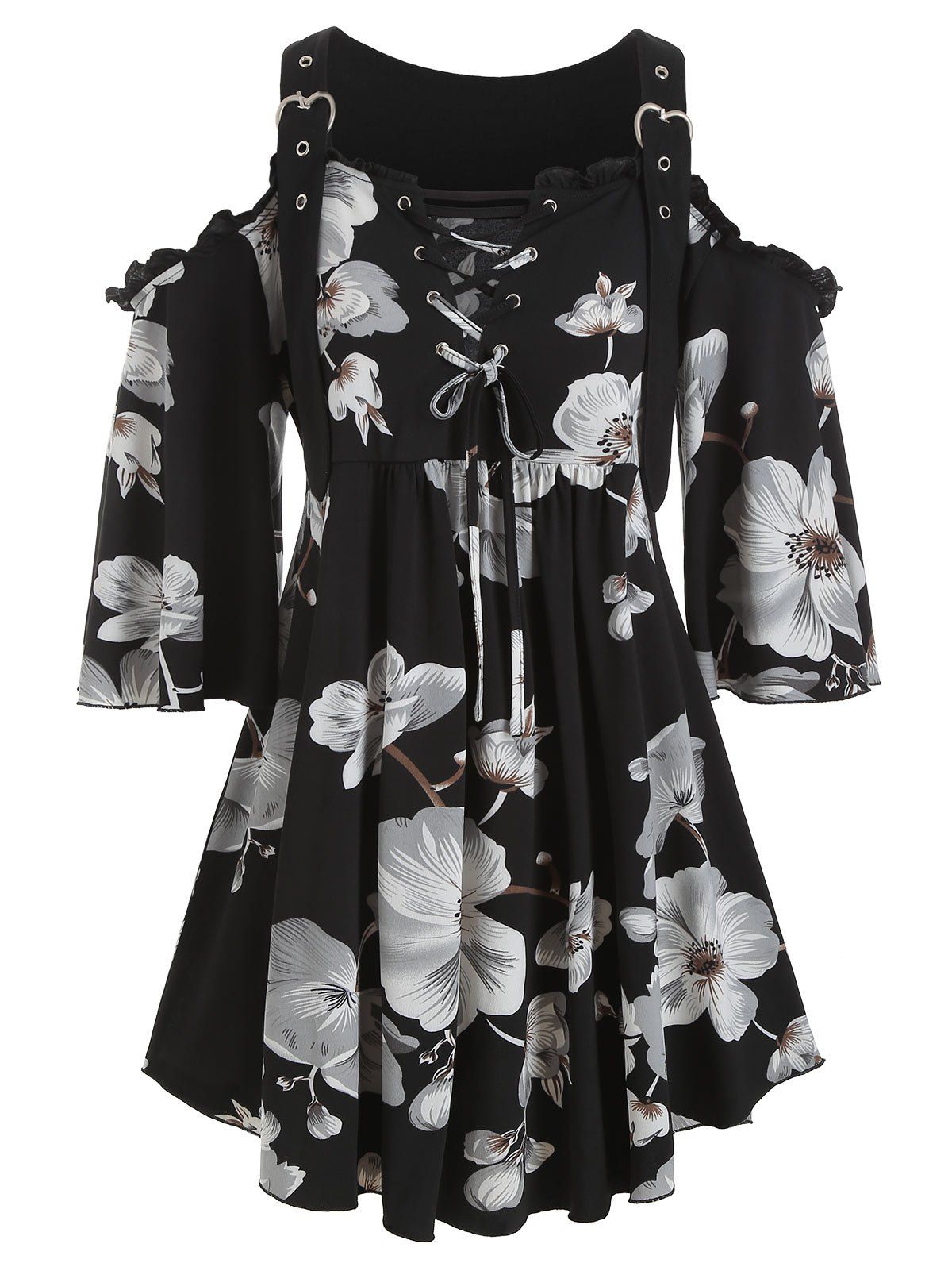 

Plus Size Lace Up Floral Cold Shoulder Top, Night