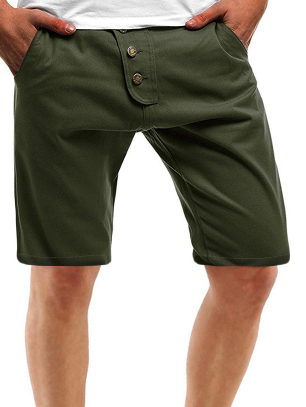 

Solid Color Multi Pockets Metal Button Embroidery Shorts, Army green