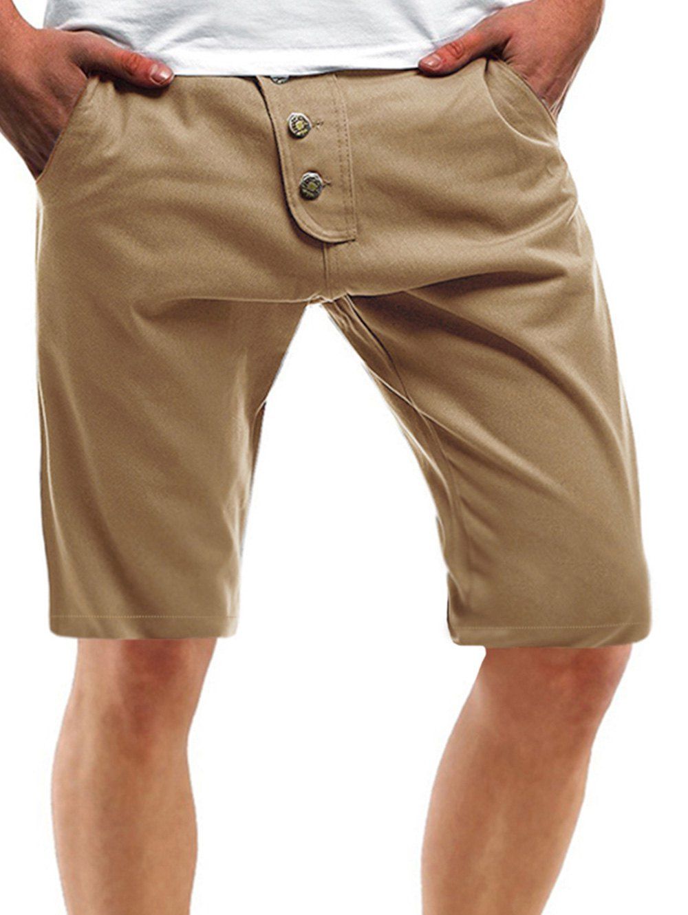 

Solid Color Multi Pockets Metal Button Embroidery Shorts, Khaki