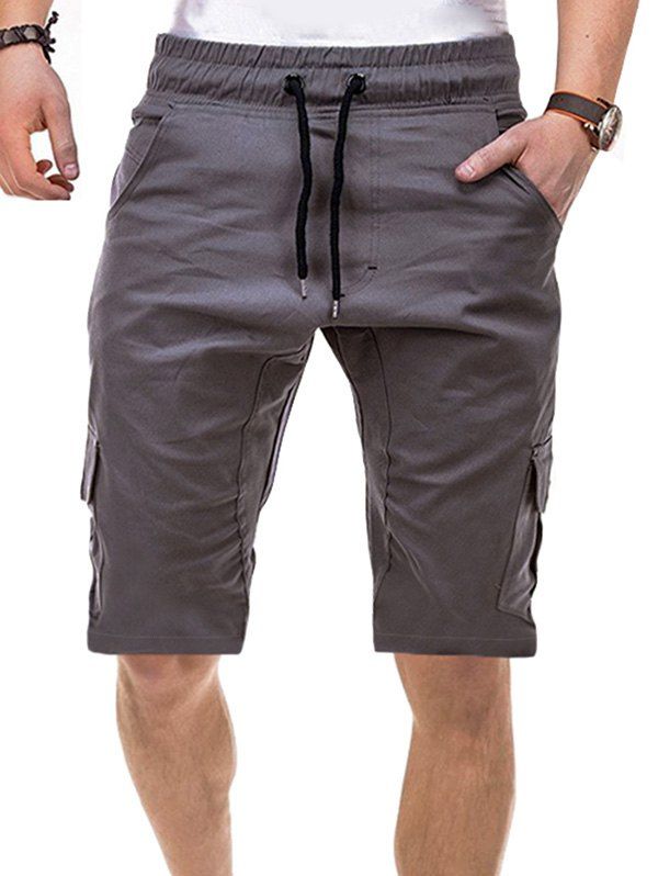 

Solid Color Multi-pocket Drawstring Shorts, Dark gray