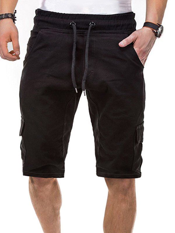 

Solid Color Multi-pocket Drawstring Shorts, Black