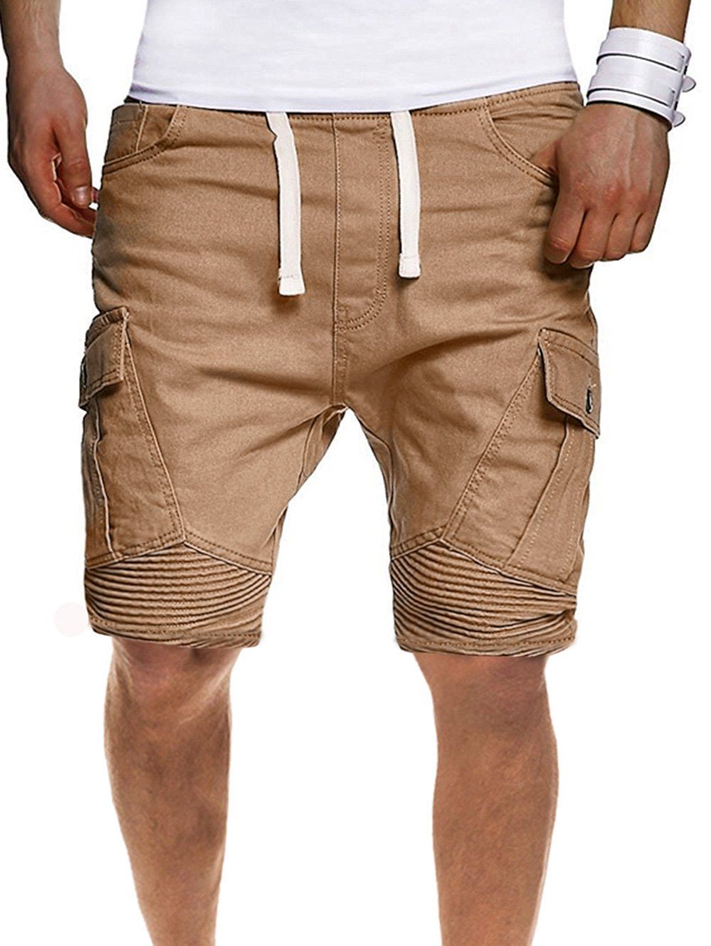 

Solid Color Pleated Side Flap Pocket Shorts, Khaki