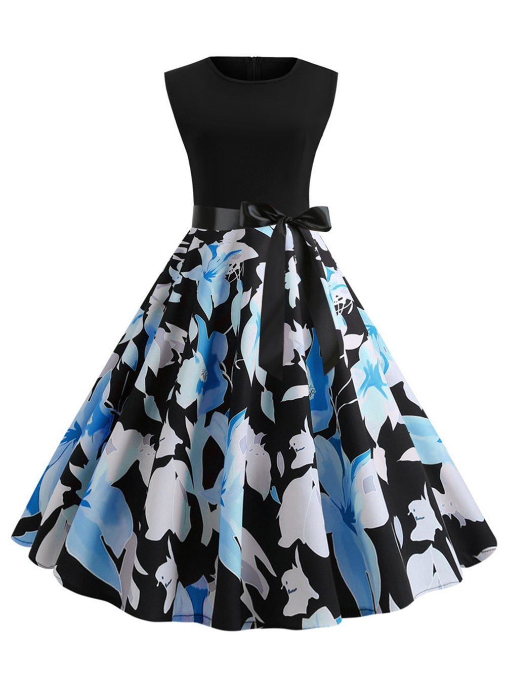 

Vintage Sleeveless Floral Belted Dress, Day sky blue