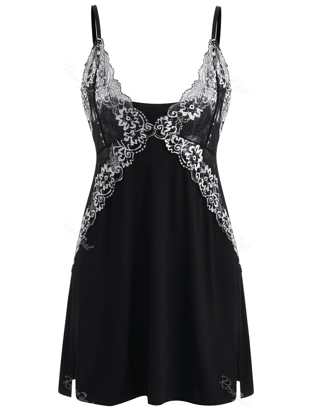 

Plus Size Lace Insert Slit Babdoll, Black