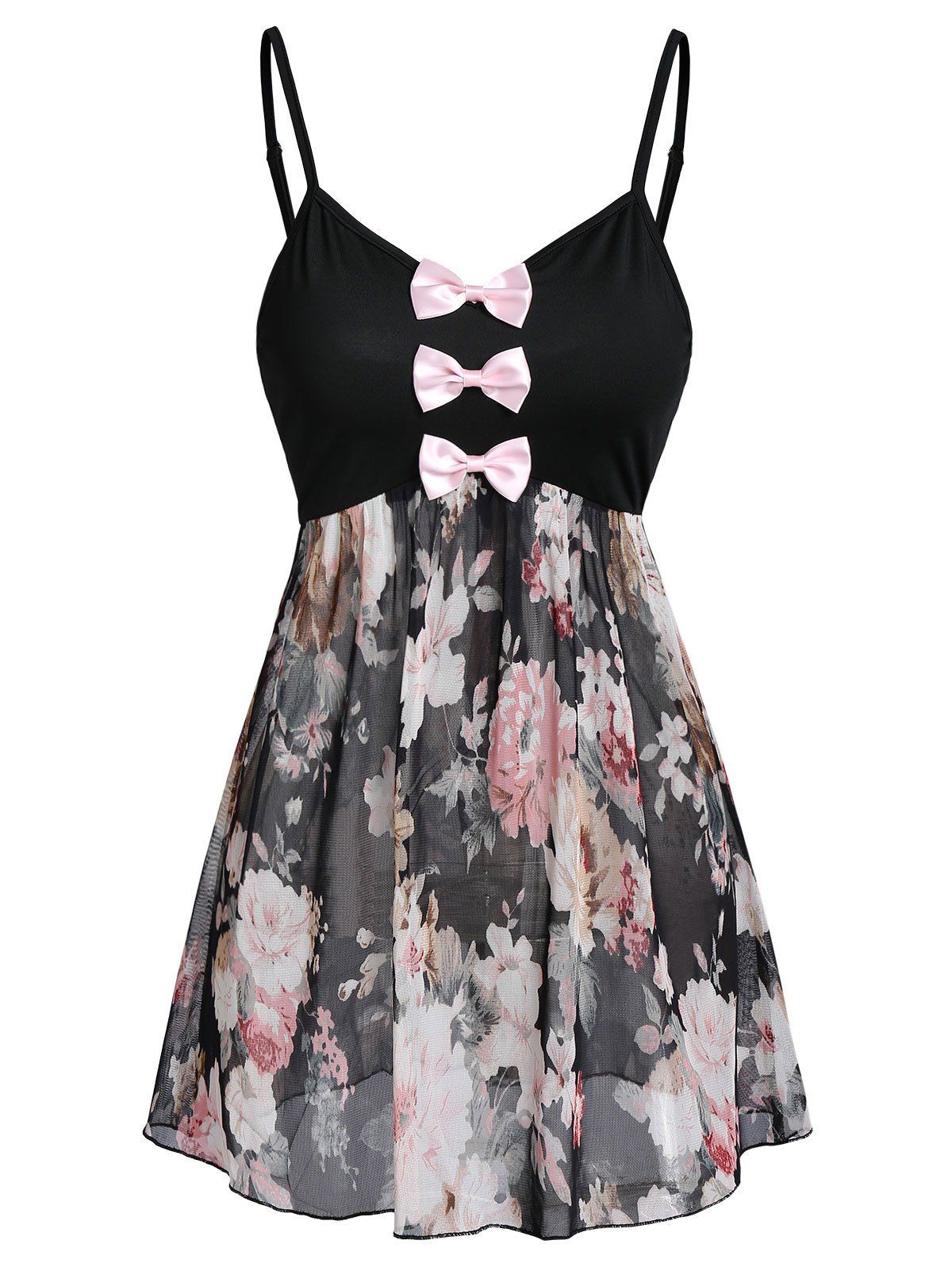 

Spaghetti Strap Bowknot Floral Mesh Tank Top, Black