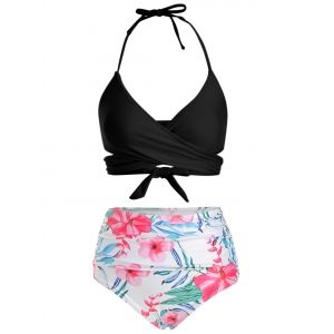 

Floral Print Ruched Wrap Bikini Swimsuit, Black