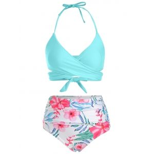 

Floral Print Ruched Wrap Bikini Swimsuit, Day sky blue