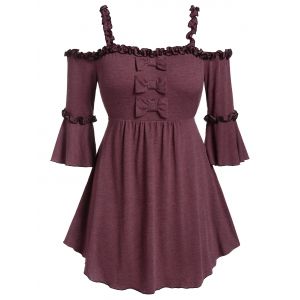 

Plus Size Ruffled Cold Shoulder Bowknot T-shirt, Red wine