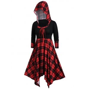 

Plus Size Handkerchief Hooded Plaid Midi Dress, Multi