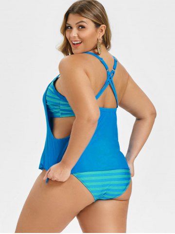 

Plus Size Striped Print Blouson Tankini Set, Deep sky blue