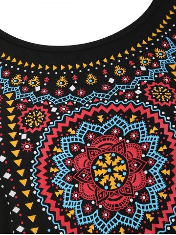 

Plus Size Asymmetrical Lace Panel Geometric Print Tee, Black