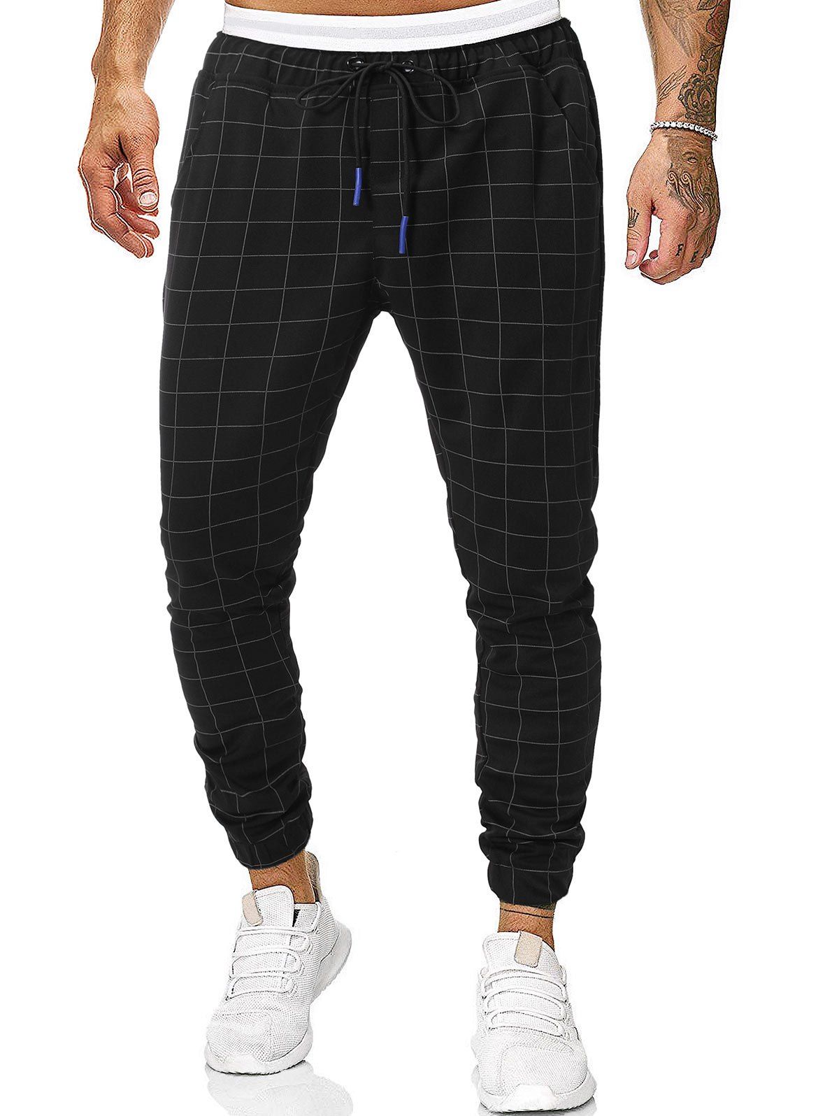 

Long Plaid Print Drawstring Casual Jogger Pants, Black