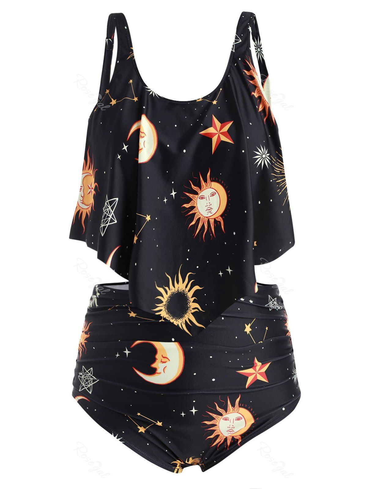 

Plus Size Sun Moons Print Ruffled Tankini Set, Multi-a
