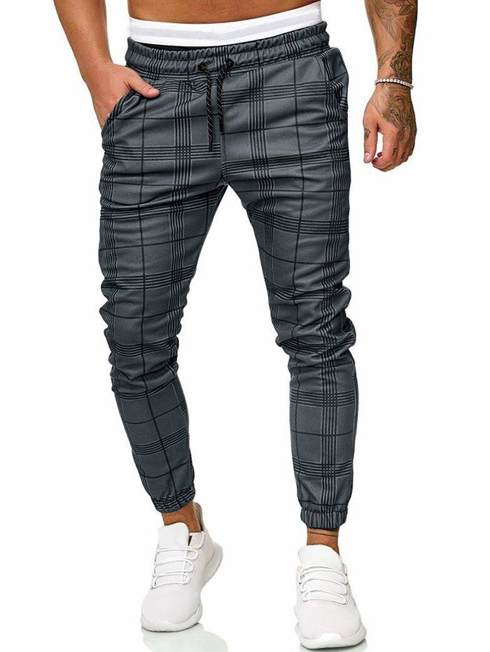 

Long Plaid Print Casual Side Pocket Jogger Pants, Dark gray
