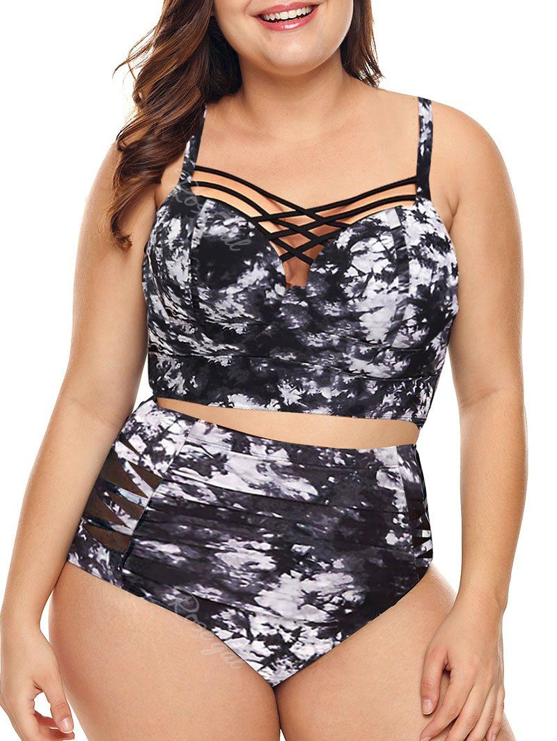 

Plus Size Tie Dye Lattice Push Up Bikini Swimsuit, Black