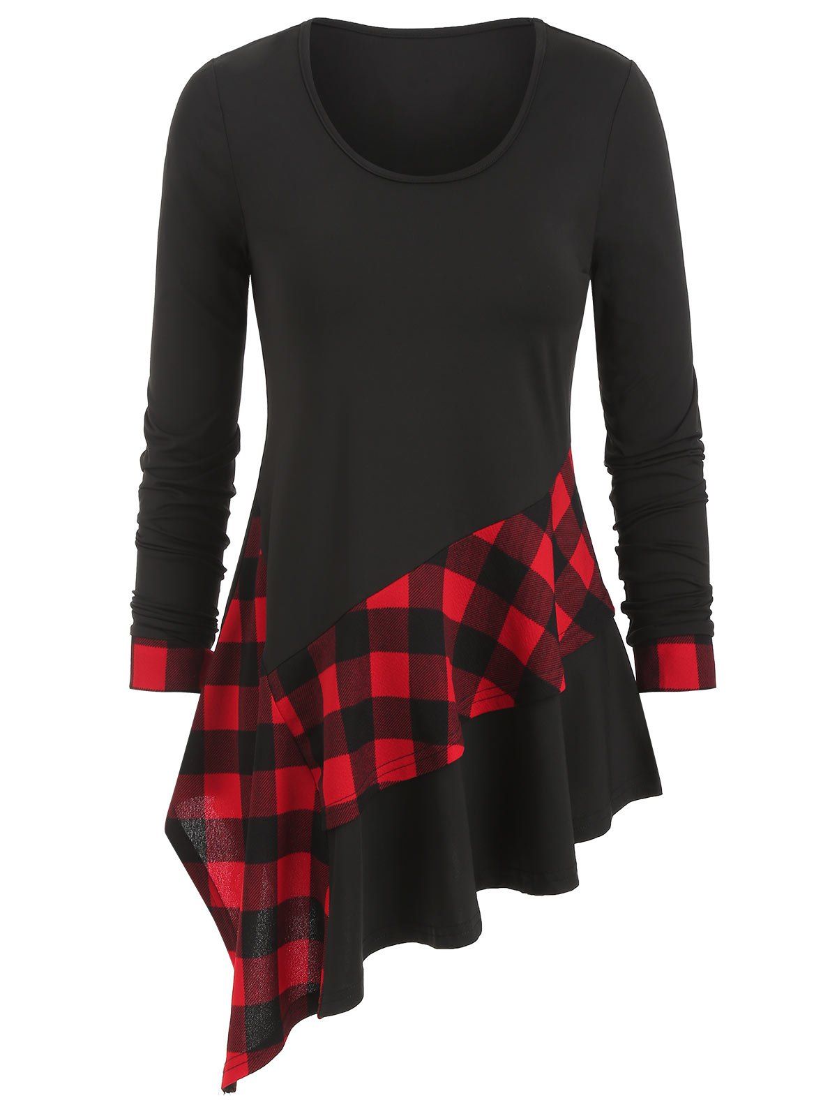 

Long Sleeve Asymmetric Plaid T-shirt, Black