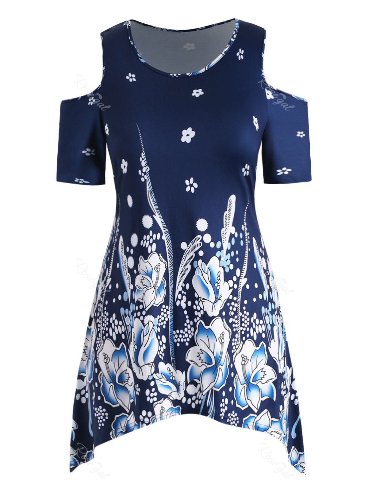 

Plus Size Handkerchief Cold Shoulder Floral Print T-shirt, Cadetblue