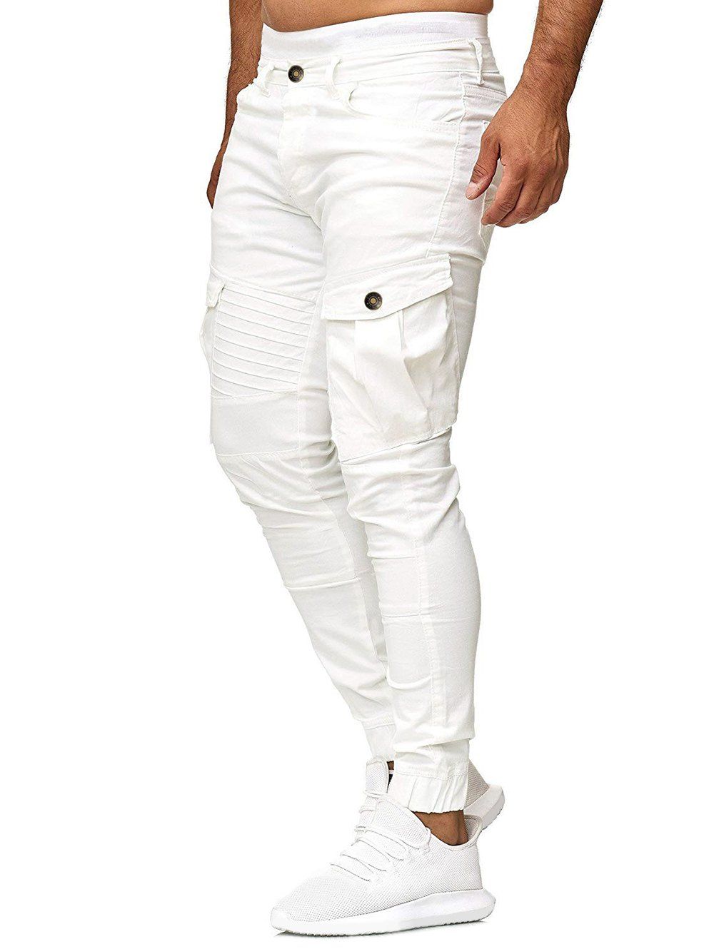 

Solid Color Pleated Flap Pocket Casual Jogger Pants, White