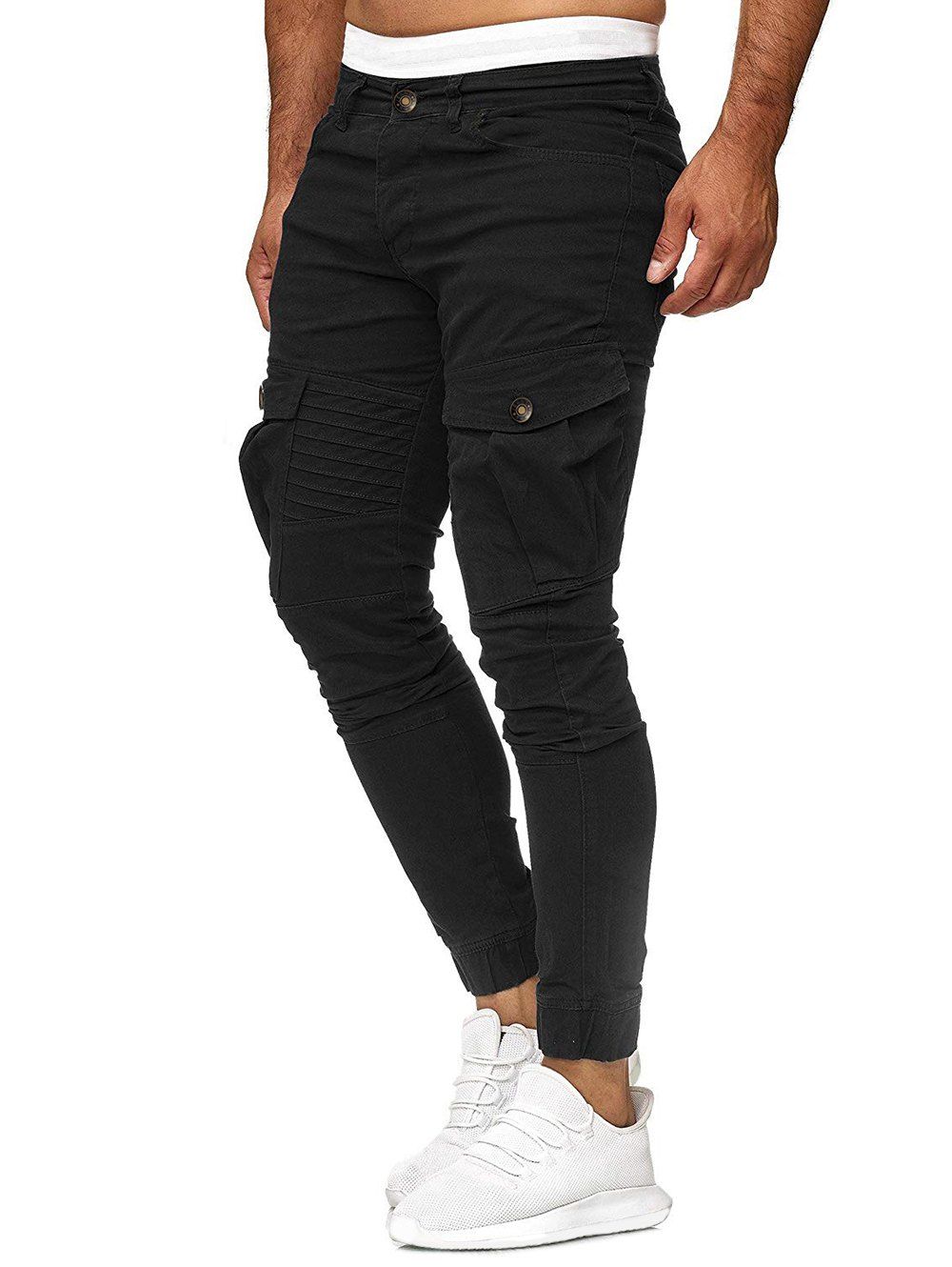 

Solid Color Pleated Flap Pocket Casual Jogger Pants, Black