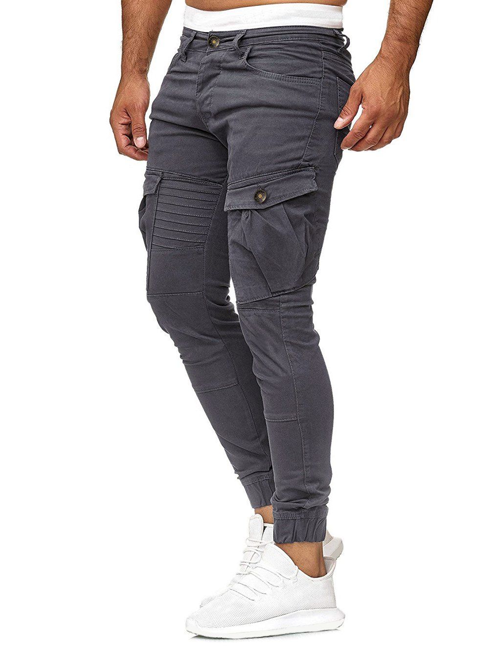 

Solid Color Pleated Flap Pocket Casual Jogger Pants, Light gray