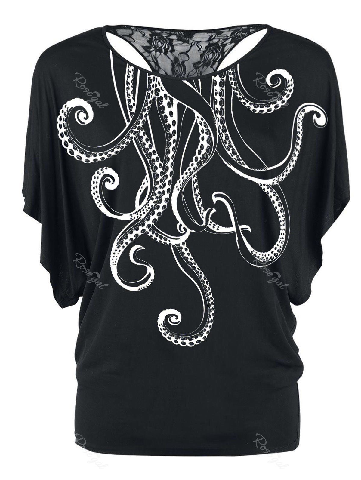 

Plus Size Octopus Print Batwing Sleeve T-shirt, Black